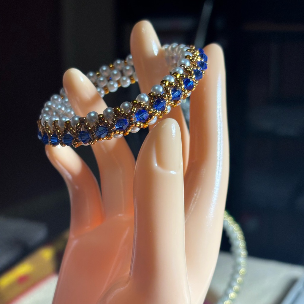 Hand Crafted Pearl And Blue Beaded Bangle Bracelet Size Medium